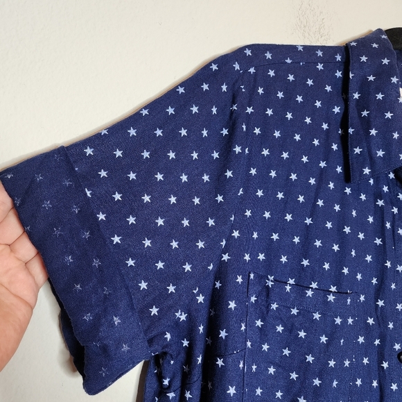 Joan Rivers Linen Star Print Blue White Short Sleee Button Shirt Women's Size L - Picture 15 of 16